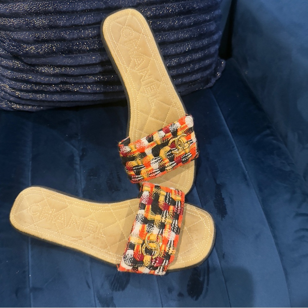 CHANEL Vibrant Tweed Slide Sandals Size 41